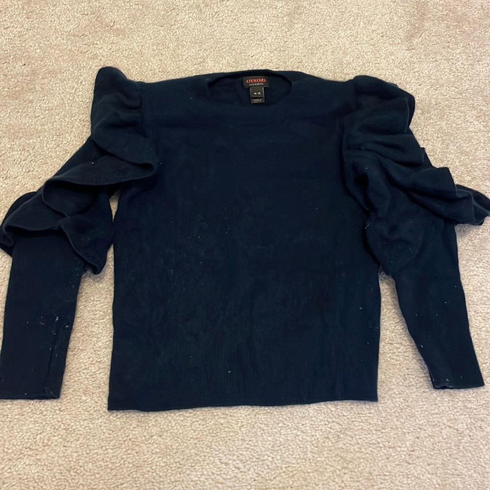 Crewcuts J Crew navy blue cashmere sweater ruffle sleeve sz XS 4 5